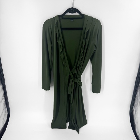 Ann Taylor Dresses & Skirts - Ann Taylor Olive Green Ruffle Neck Wrap Dress Long Sleeve Stretch Jersey 4